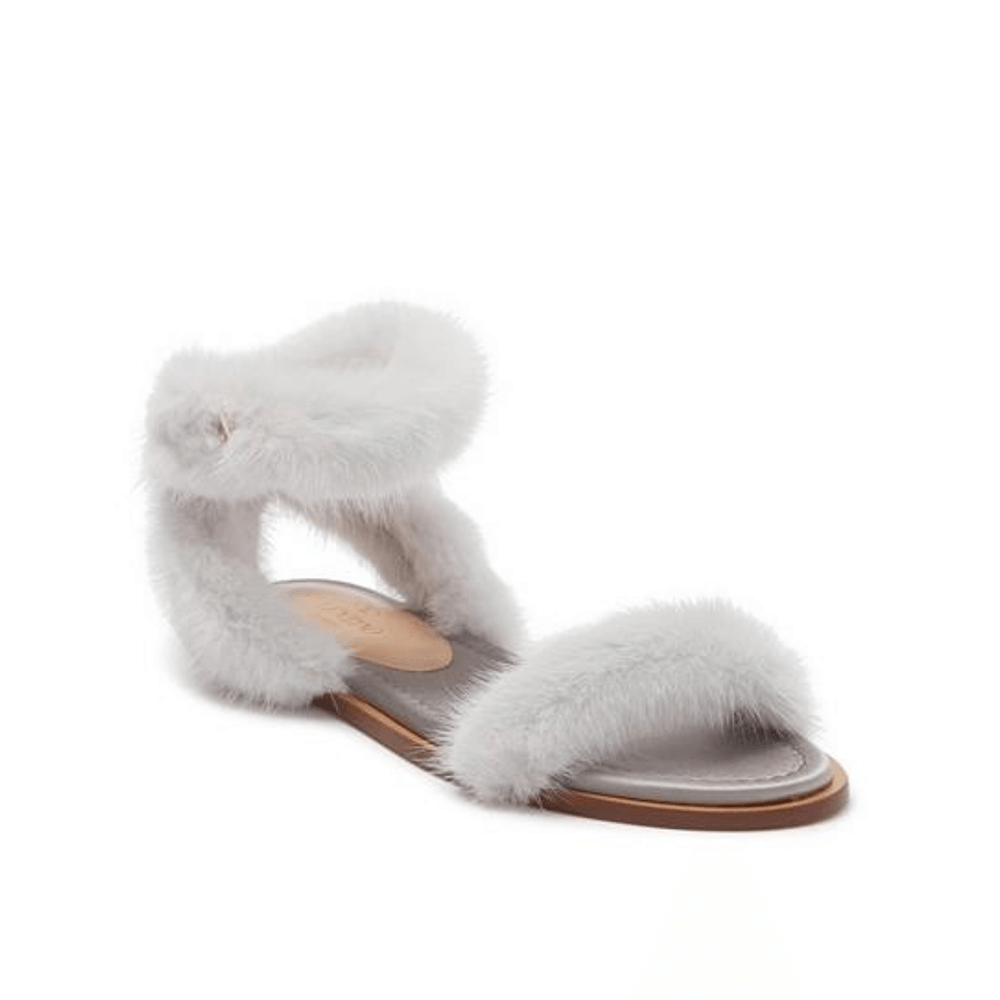 Valentino Women's Mink Fur Leather Ankle-Strap Flat Sandals Grey - Year Zero LA