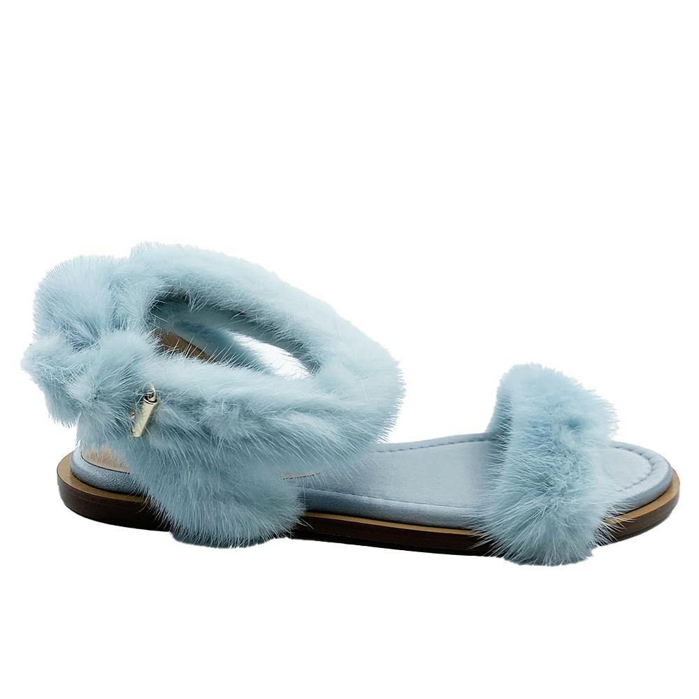 Valentino Women s Mink Fur Leather Ankle Strap Flat Sandals Light Blue Year Zero LA
