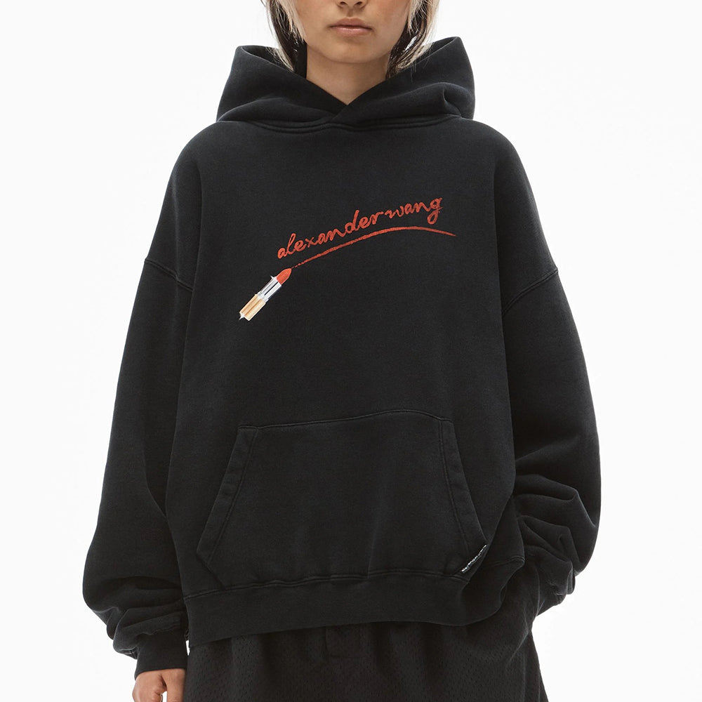Alexander Wang Women's Classic Sweatshirt Hooodie with Lipstick Graphic in Black