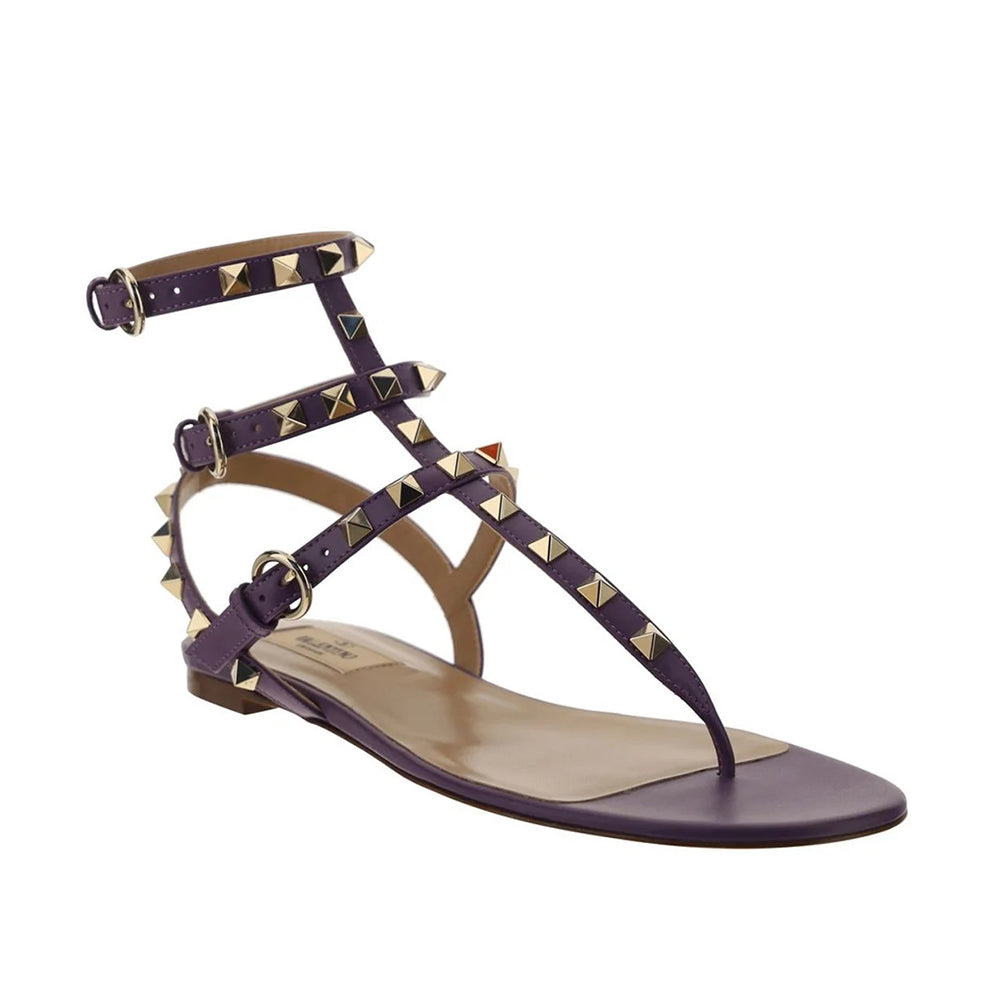Valentino Women's Strapped Rockstud Flat Sandals in Purple