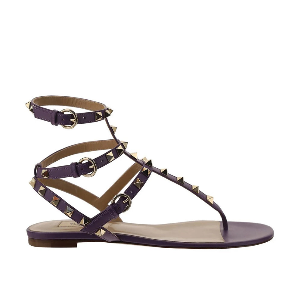 Valentino Women's Strapped Rockstud Flat Sandals in Purple